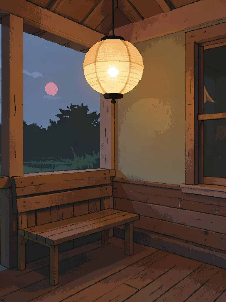 Glowing paper lantern hanging above an empty bench at the corner of a wooden ver