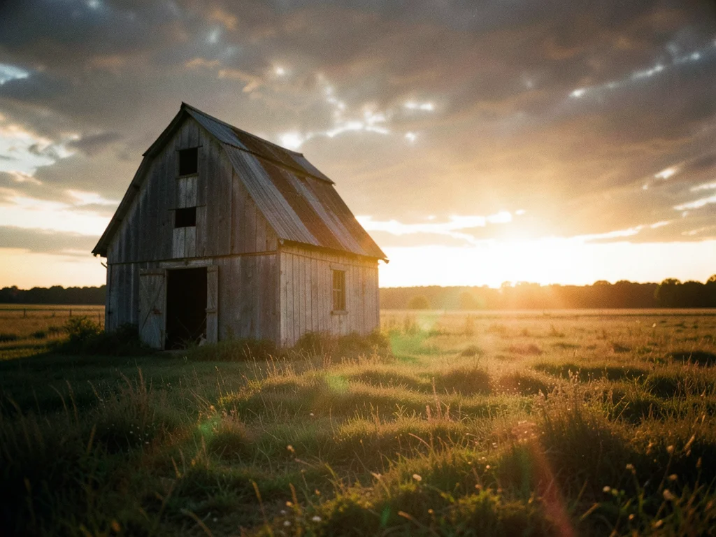 Abandoned barn in a field at golden hour, dramatic sky, nostalgic rural beauty