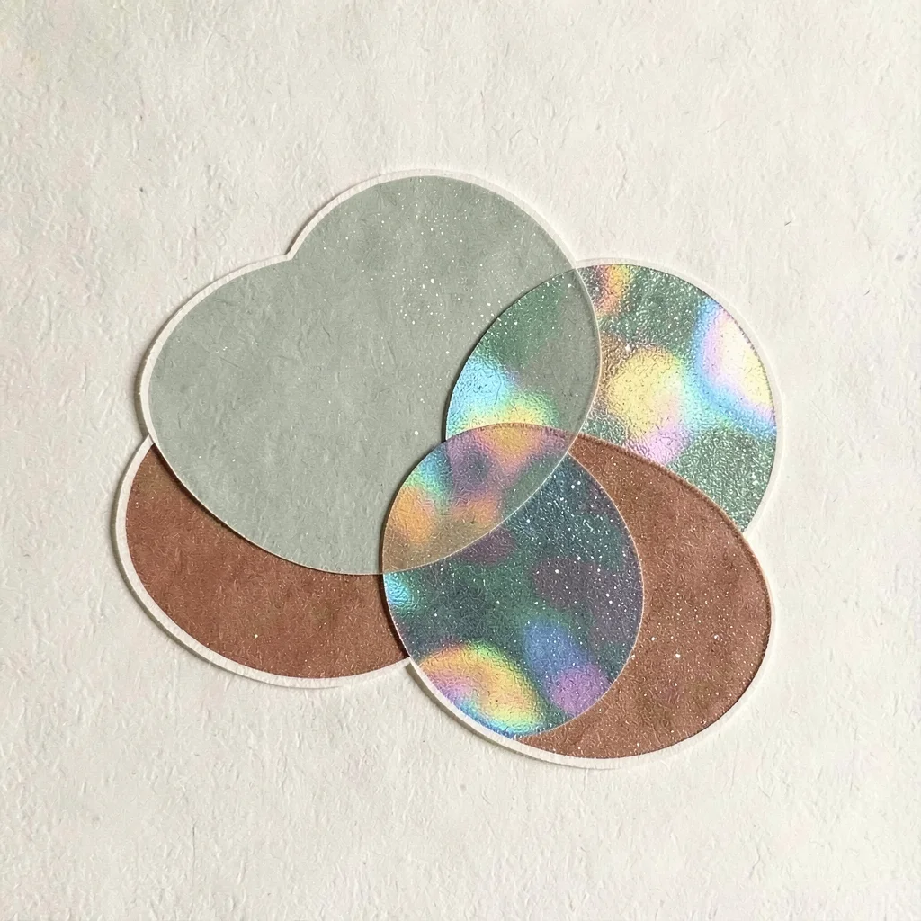 Bram-screenpress poster of overlapping holographic sticker shapes with halftone 