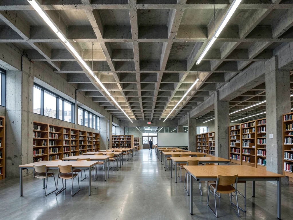 A university library brutalist interior — concrete waffle ceiling over empty rea