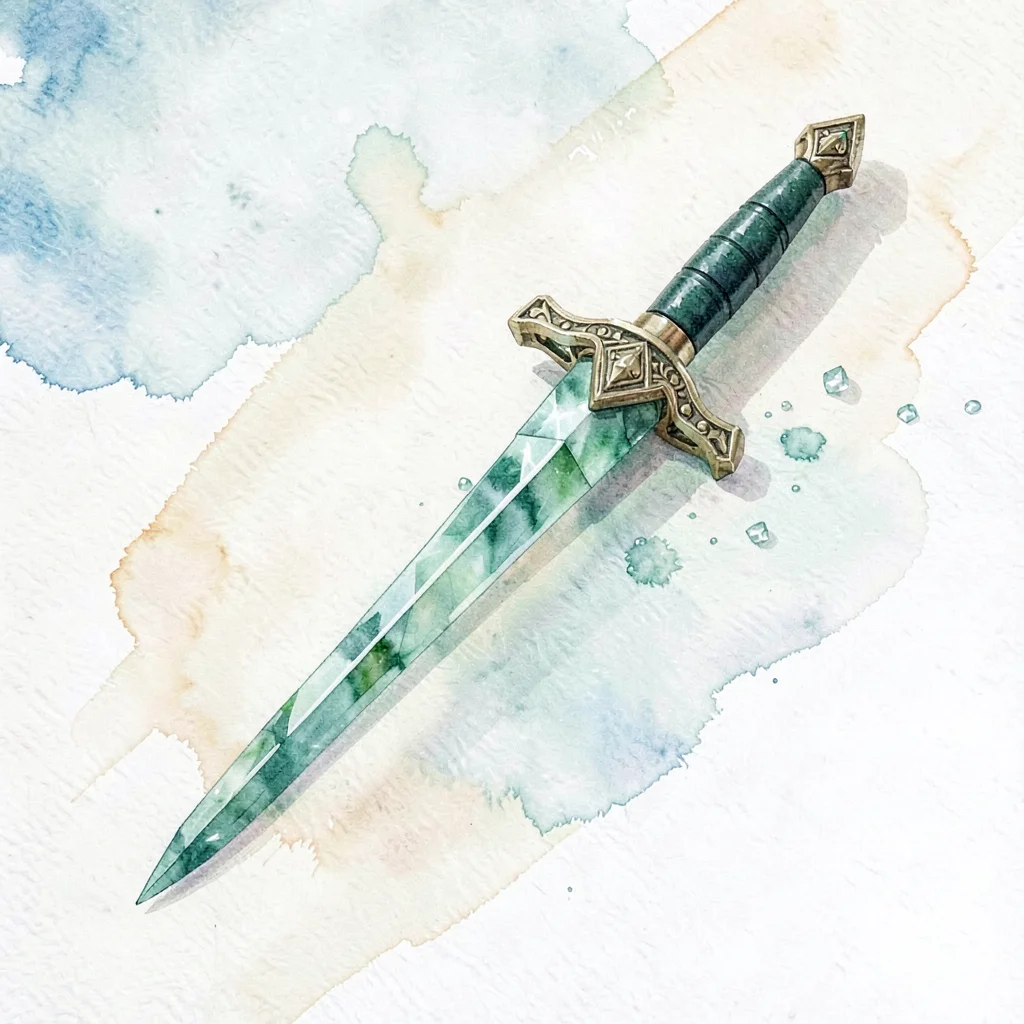 Petite emerald lowpoly rapier with a slender faceted blade and ornate guard drop