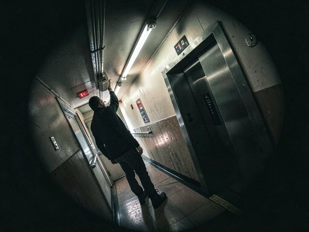 Man waiting for an elevator that won't come, the hallway tilted like a sinking s