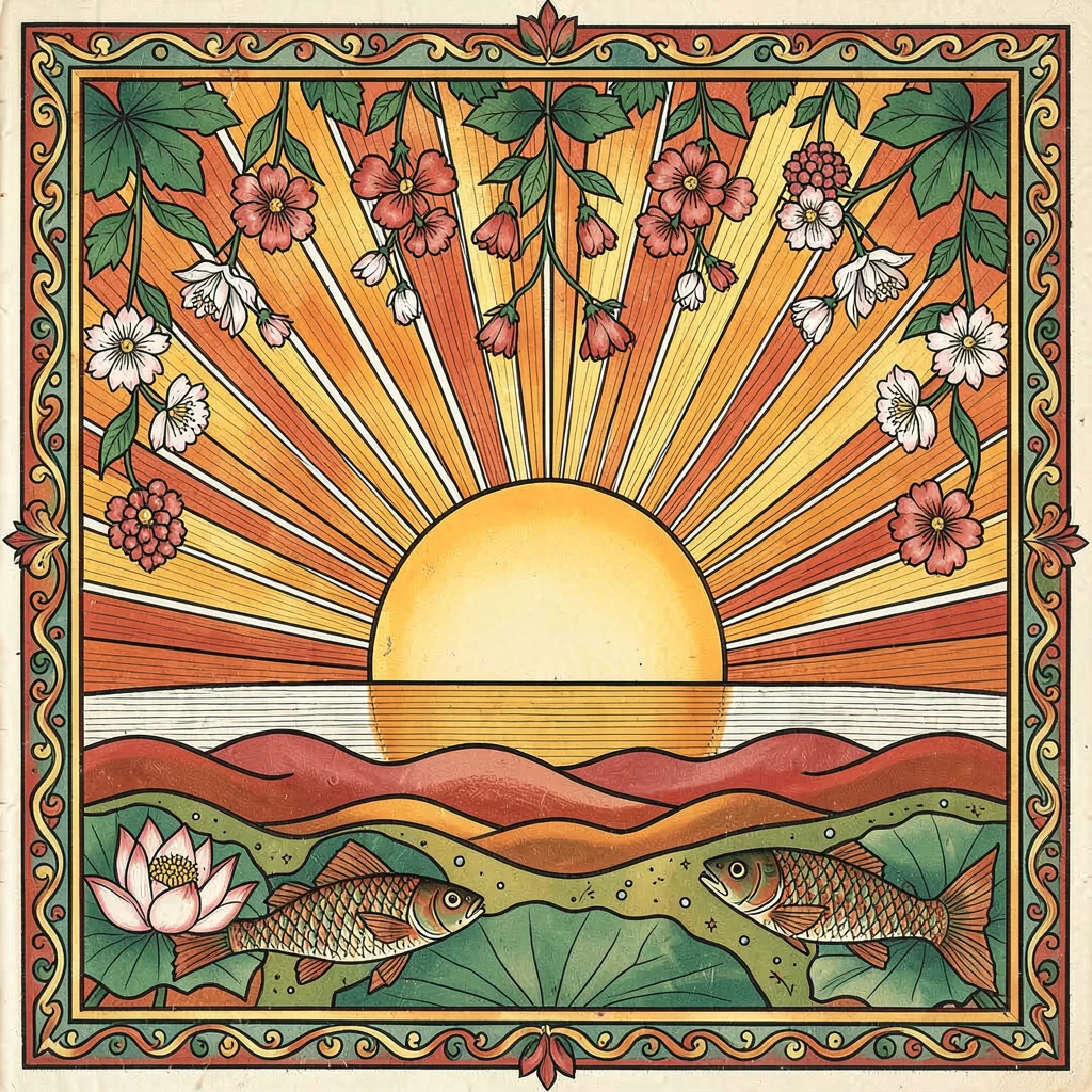 Sun disc rising above horizon — rays alternating with hanging flowers