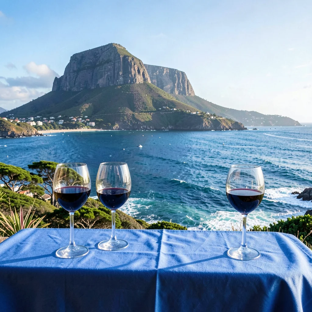 Cape Town mountain-sea duality, Table Mountain backdrop, wine glasses on outdoor