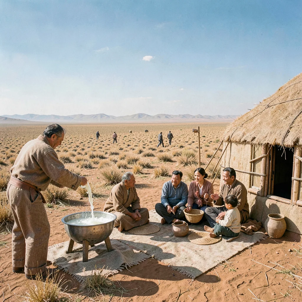 Gobi steppe horizontal, Mongolian vastness, Fermented mare milk being poured int