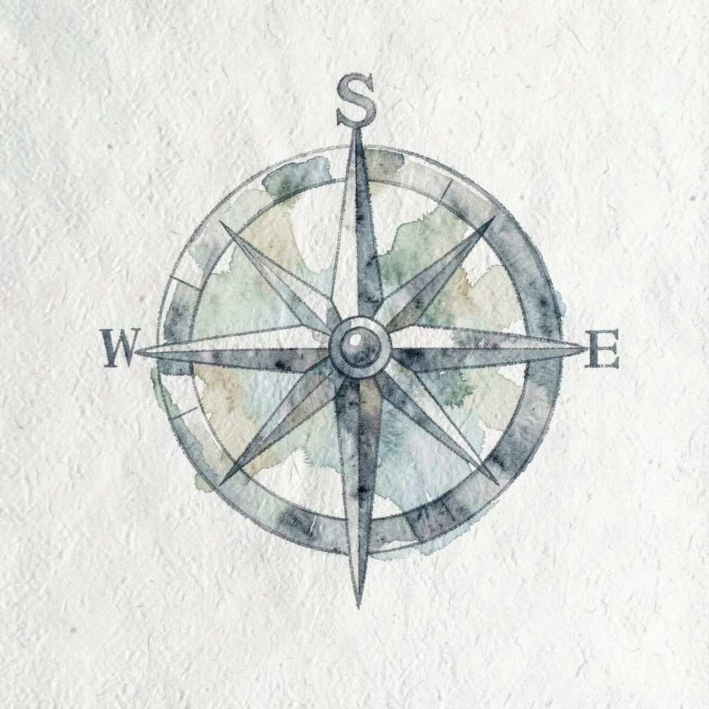 Editorial infographic of a stylised compass rose in muted ink, balanced composit