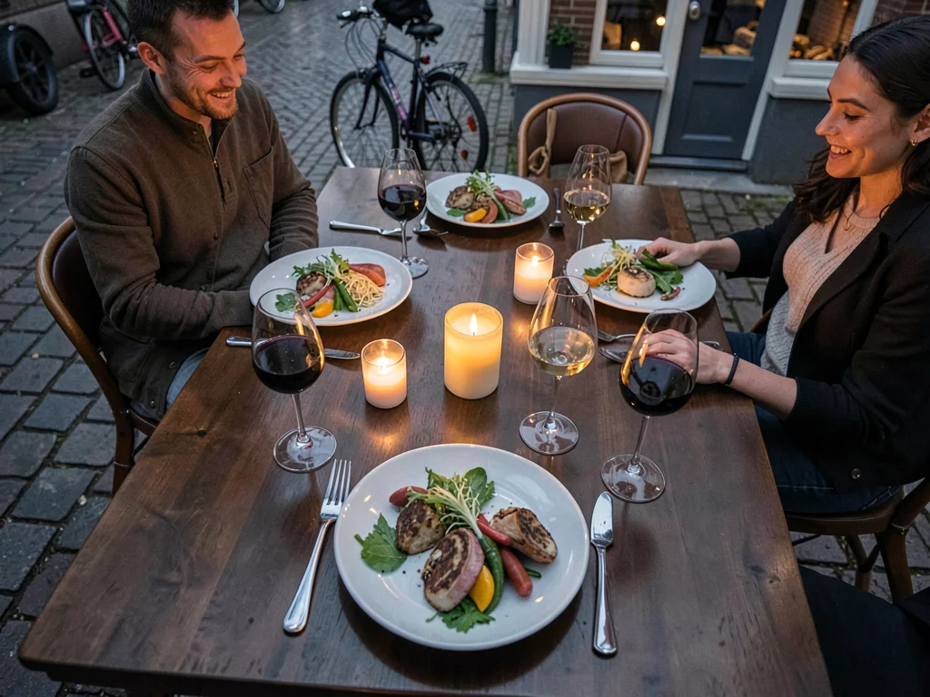 Bicycle rhythm through Copenhagen, an intimate dinner party table from above, ca