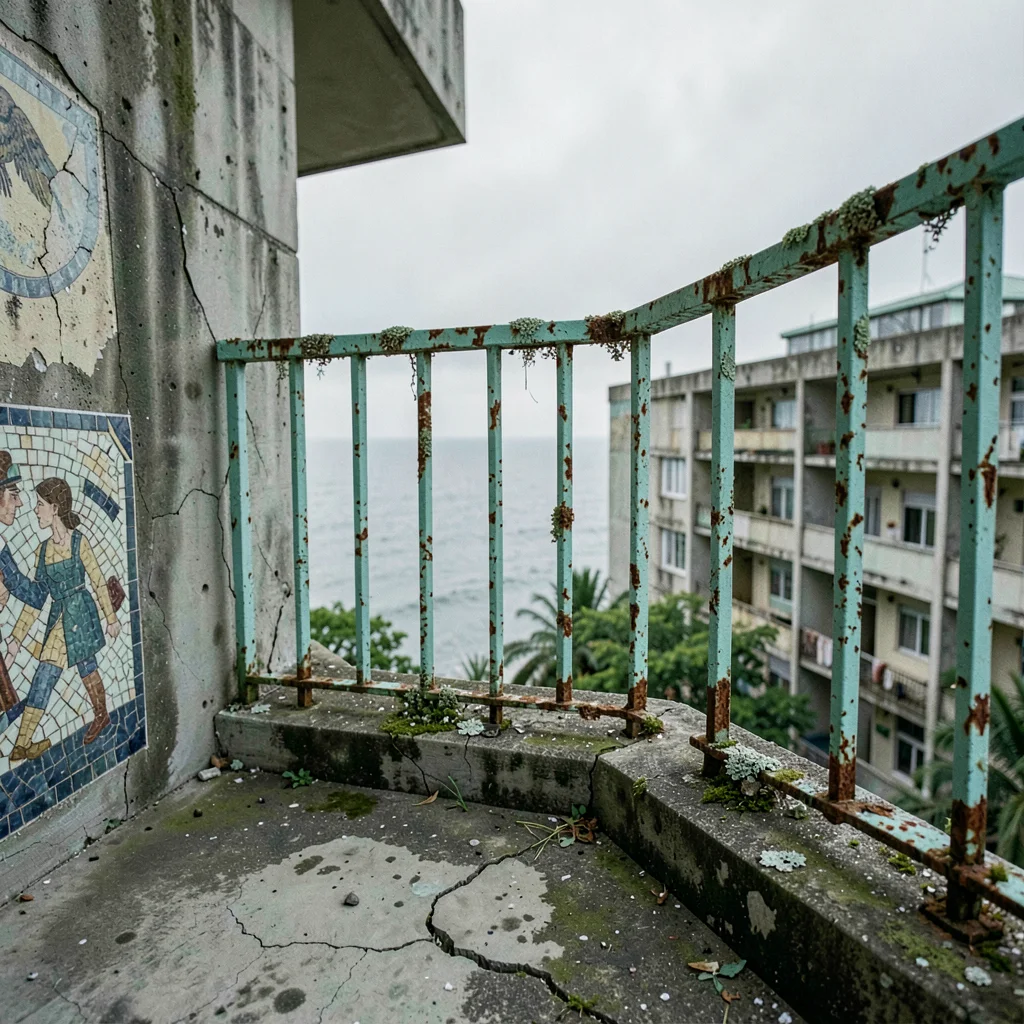 Rusted Balcony Railing with Peeling Turquoise Paint
