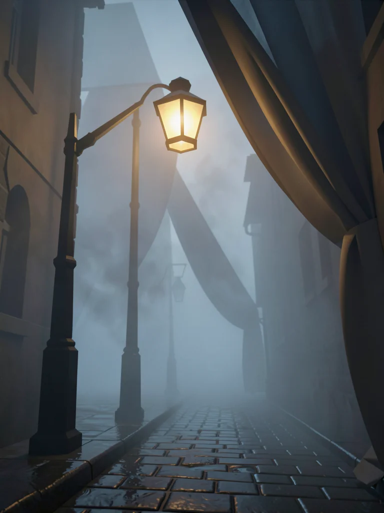 Single faceted streetlamp glowing warmly above a wet cobblestone alley while col