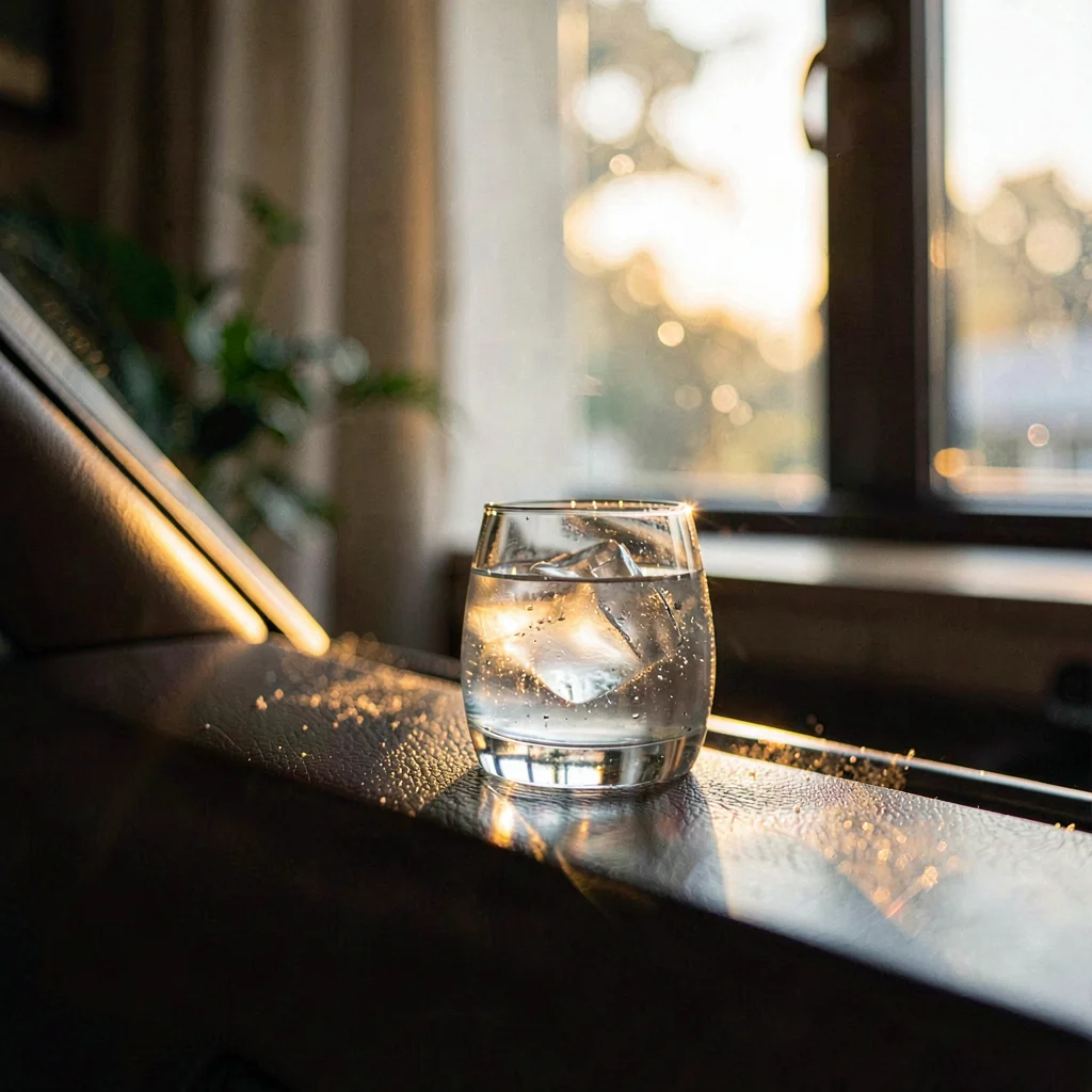 Cozy hero of a coupe glass with a single sphere of ice, warm window light poolin