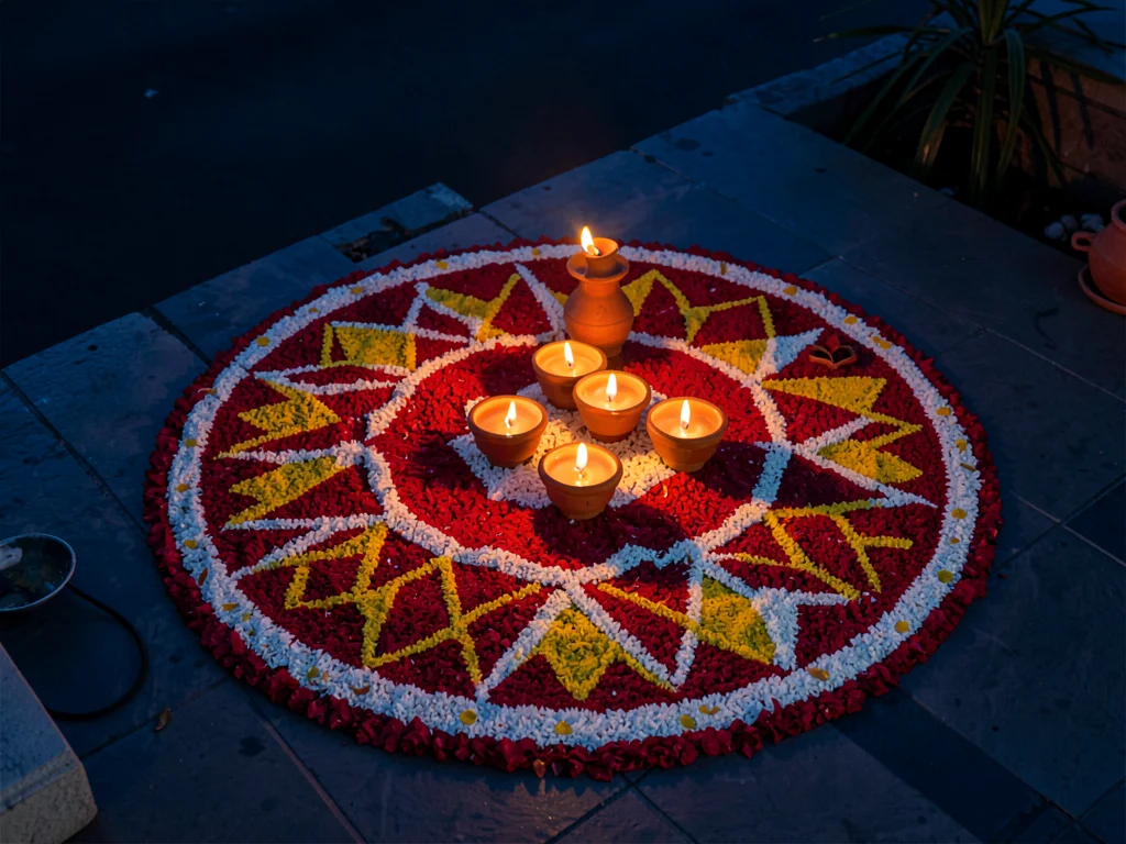 Floral Rangoli Surrounding Diya Cluster