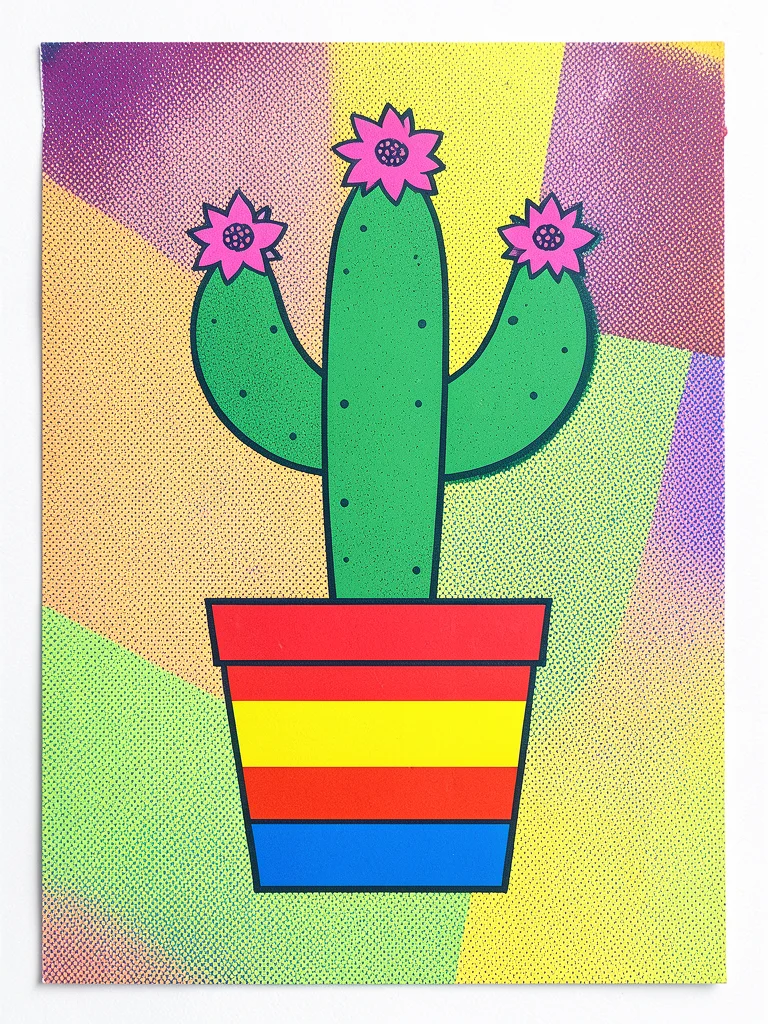 A cactus in a geometric pot — the pot has horizontal stripes in red, yellow, and