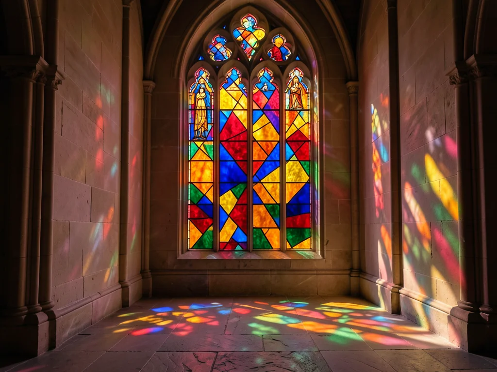 A modern abstract stained glass wall in a chapel, geometric blocks of amber, rub