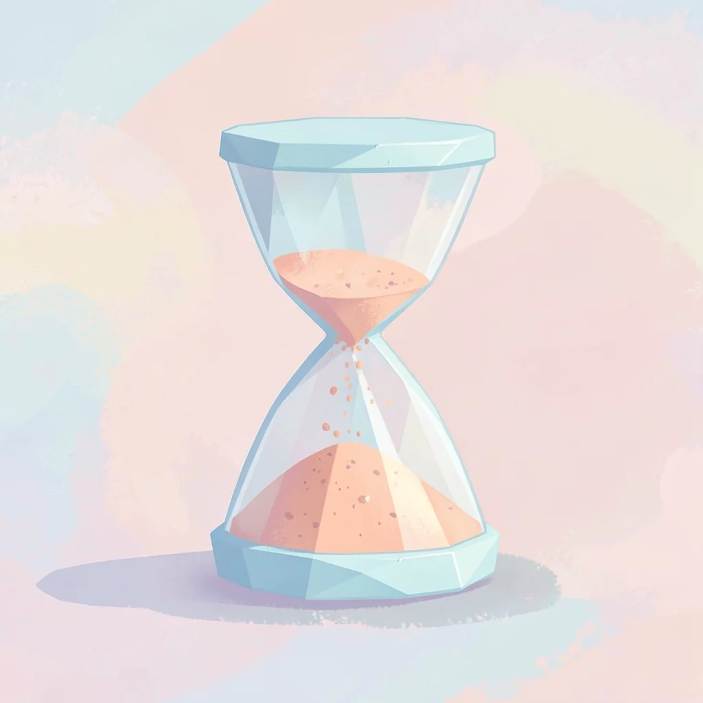 Standing sky-blue faceted lowpoly hourglass with peach sand mid-fall, soft shado