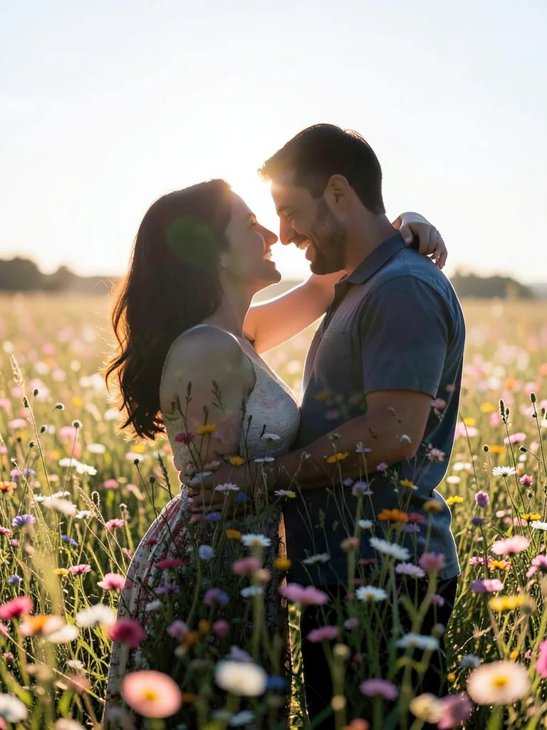 Embracing couple silhouette filled with field of wildflowers, double exposure