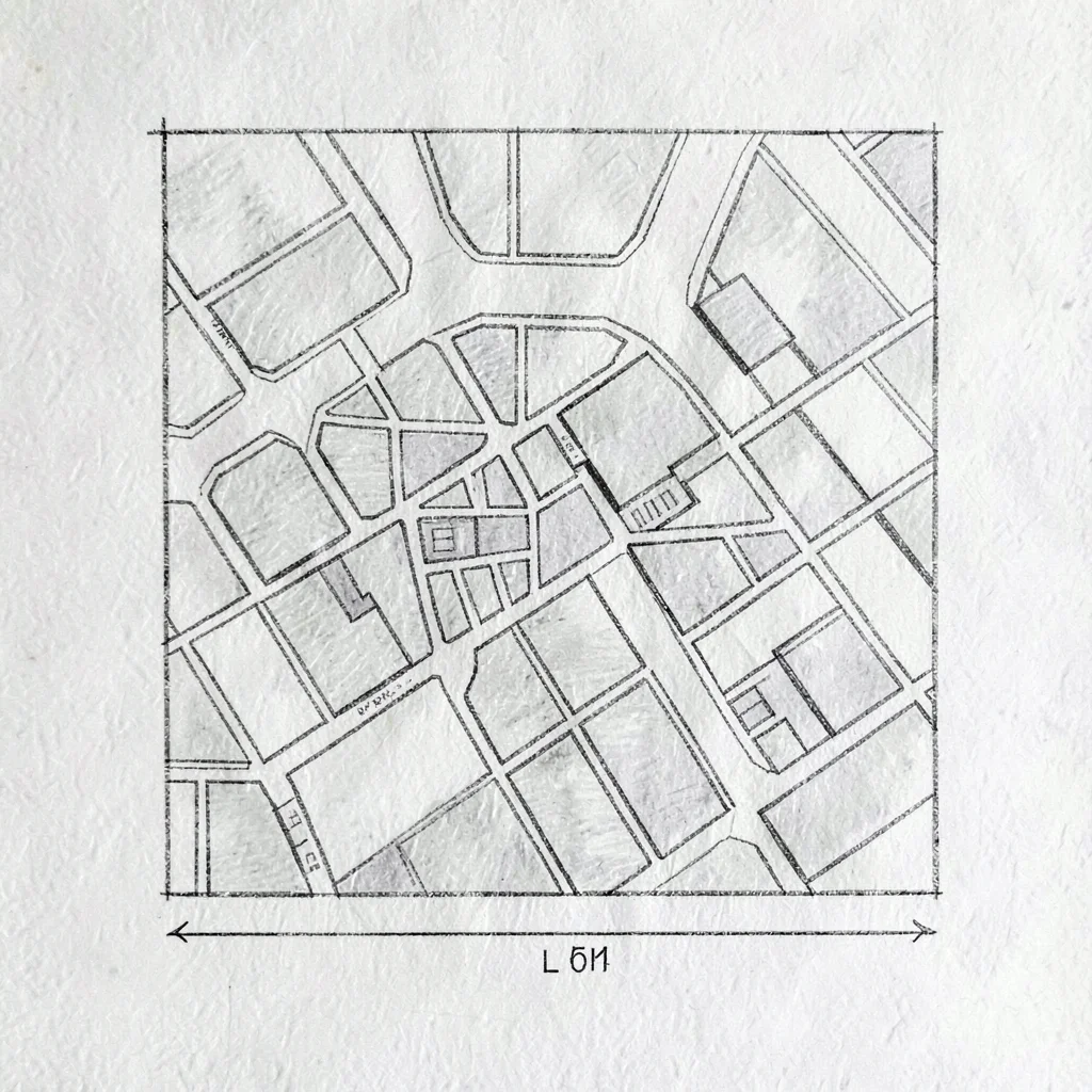 Top-down view of a hand-drawn city plan with delicate block shading and a scale 