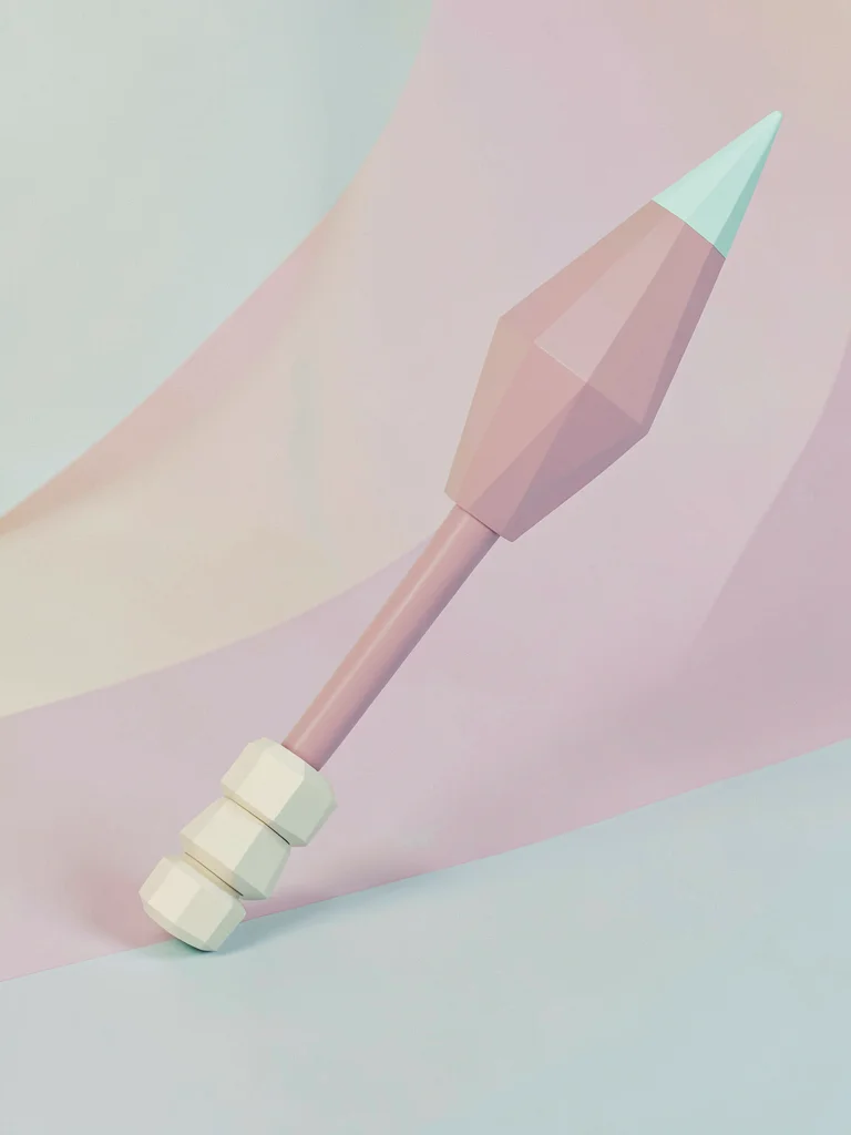 Tipped dusty-pink lowpoly spear with a faceted mint blade tip and chunky cream h