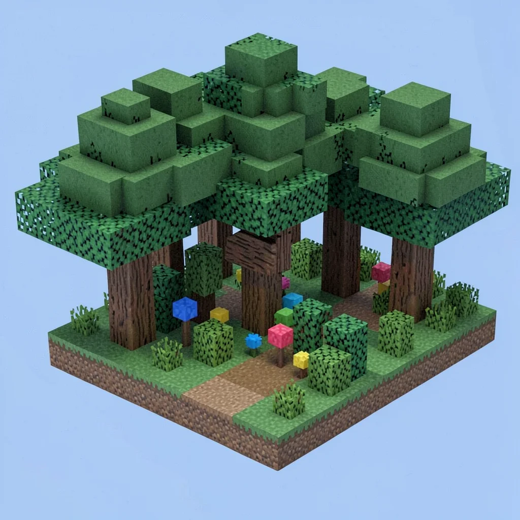 Voxel 3D illustration, cube-based forest landscape , cubic voxel construction, b
