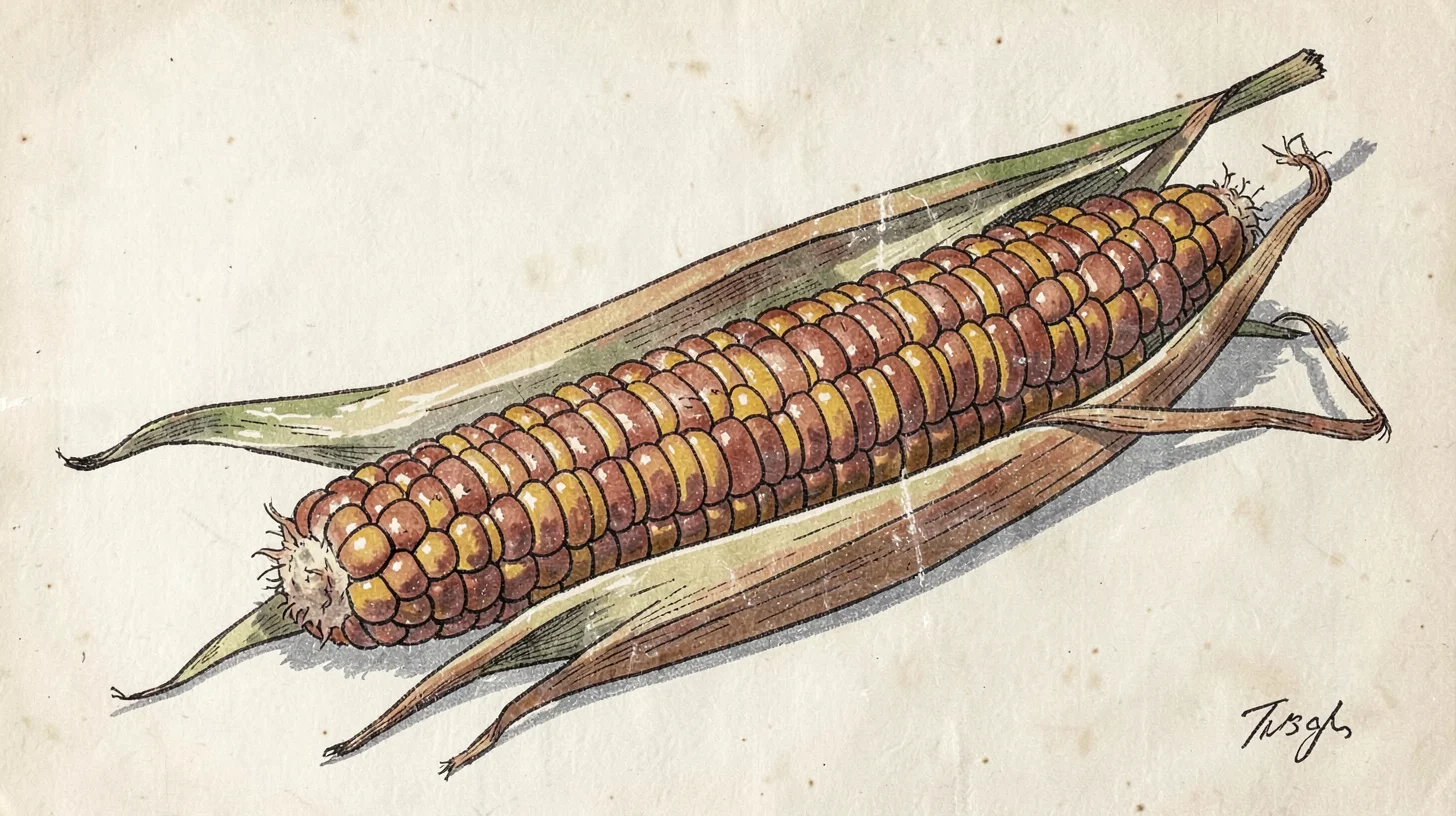 Casein illustration, corn cob and husks , milk-based paint, vintage matte finish