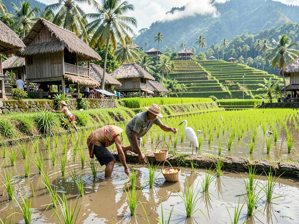 Rice farmer in flooded paddy with egret