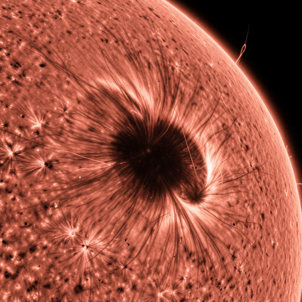 Sunspot vortex detail, dark umbra surrounded by striated penumbral filaments, ma