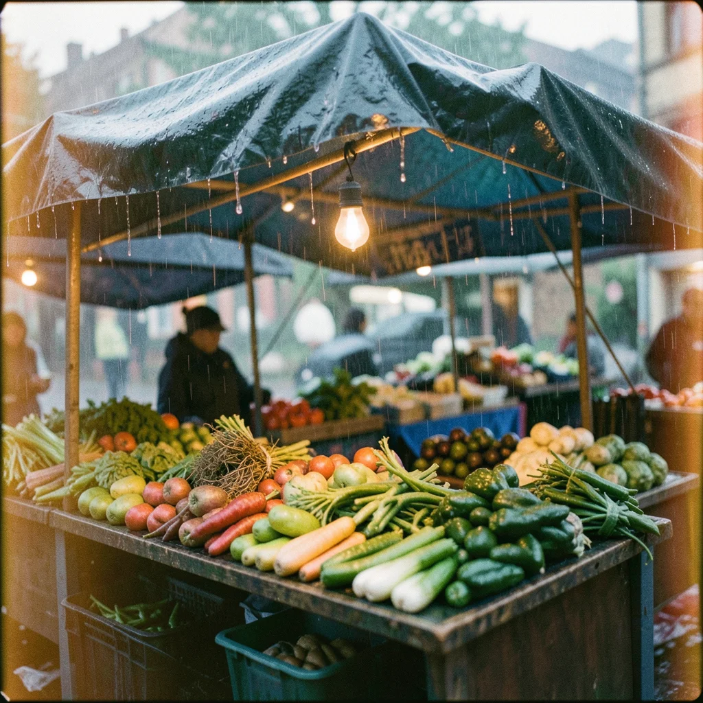 A produce stand in the rain, tarps dripping, vegetables glistening wet, a single