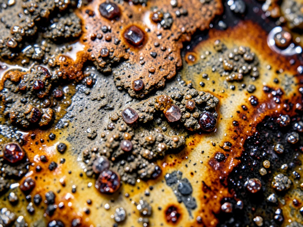 Volcanic ash glaze macro, rough textite-like surface where volcanic particles me