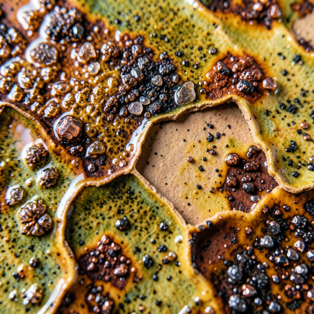 Crawling glaze texture, high-surface-tension glaze that pulled apart during firi