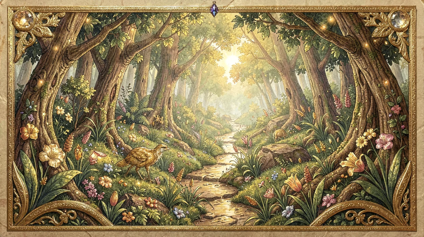 Gold leaf illuminated illustration, garden of Eden , burnished gold leaf areas, 
