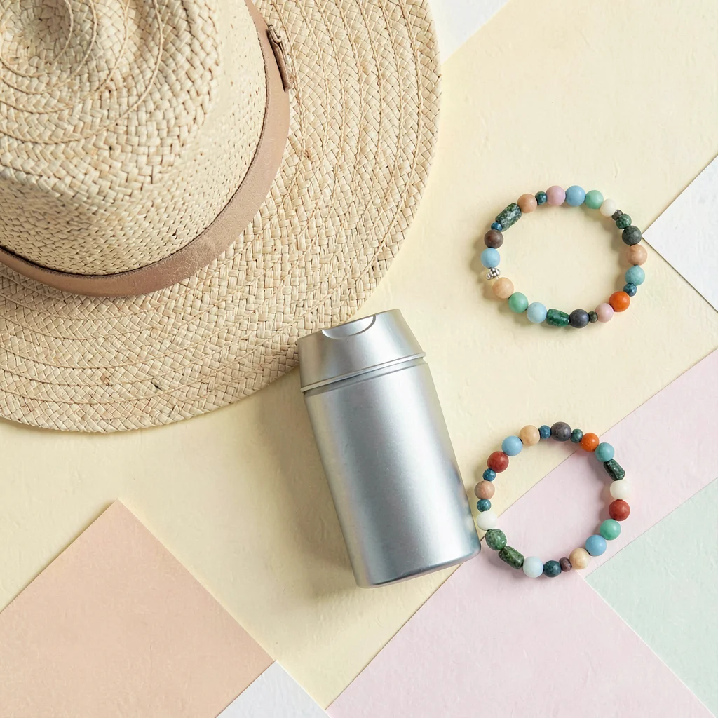 Color-block flatlay of beach accessories on flat butter-yellow paper, woven sun 