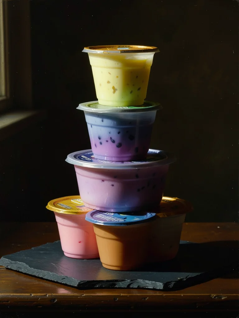 A tower of stacked yogurt cups in a perfect pyramid, seven on the bottom row asc