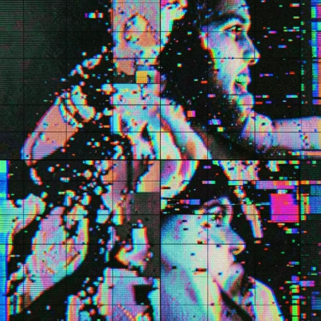 JPEG macro-block boundary at extreme zoom, 8x8 pixel grids visible as subtle til