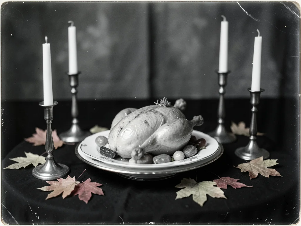 A Thanksgiving turkey TV dinner on fine china with pewter candlesticks and autum
