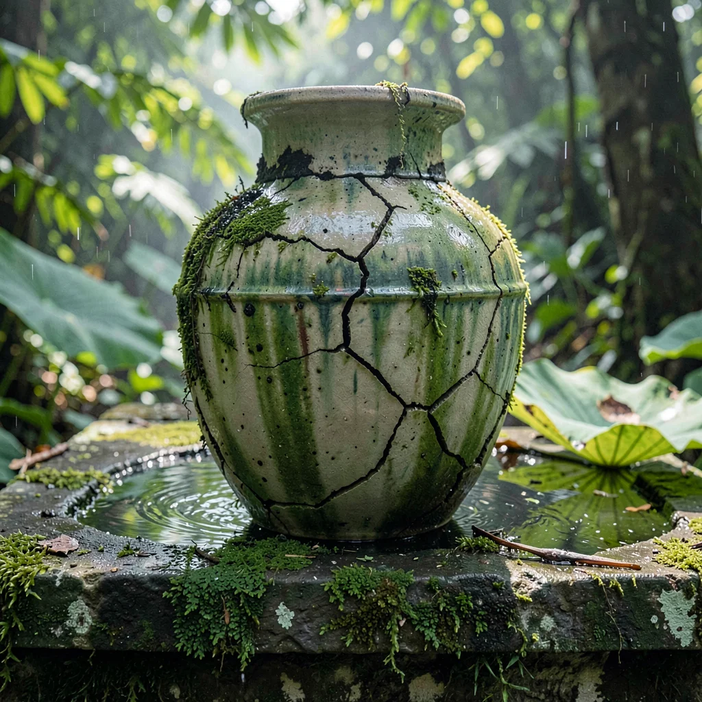 Tropical weathered surfaces, humid atmosphere, Ceramic water jar with crack seal