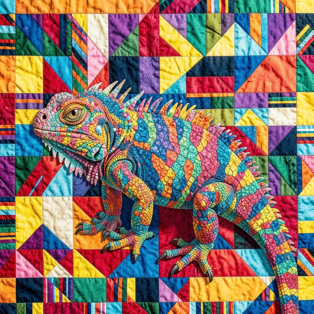 Panamanian mola textile illustration, an iguana with detailed scale layer work ,