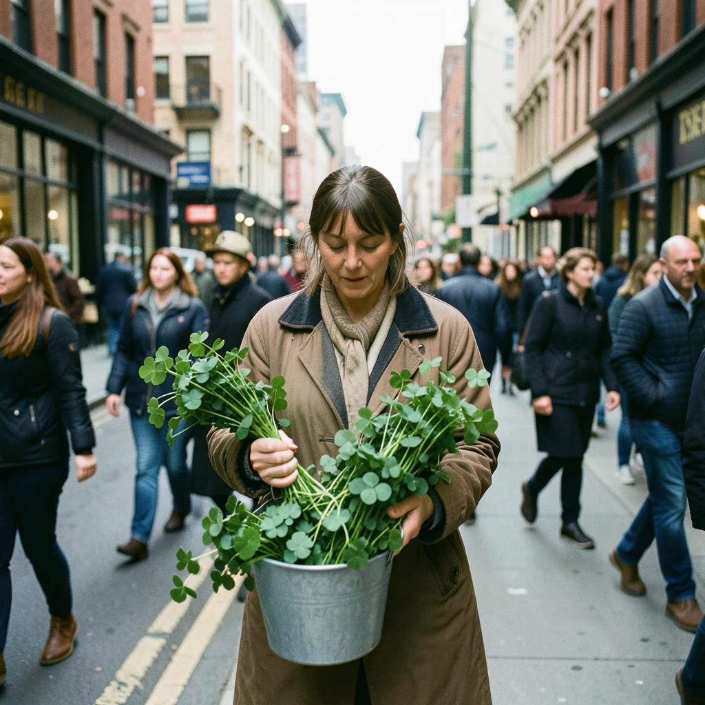 Woman selling shamrock bunches from a bucket on a busy corner, green everywhere,