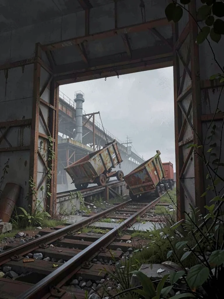 Blast furnace casting hall door open onto an exterior view of skip cars rusted o