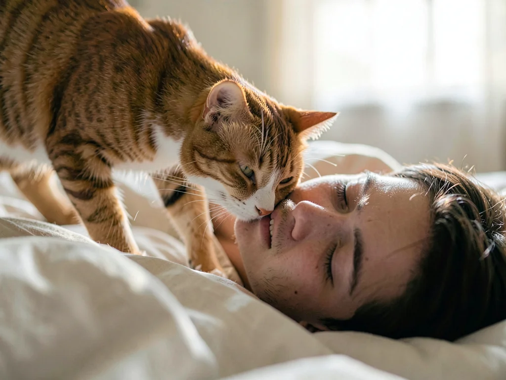 Cat walking across sleeping person's face, the forced awakening, fur and whisker