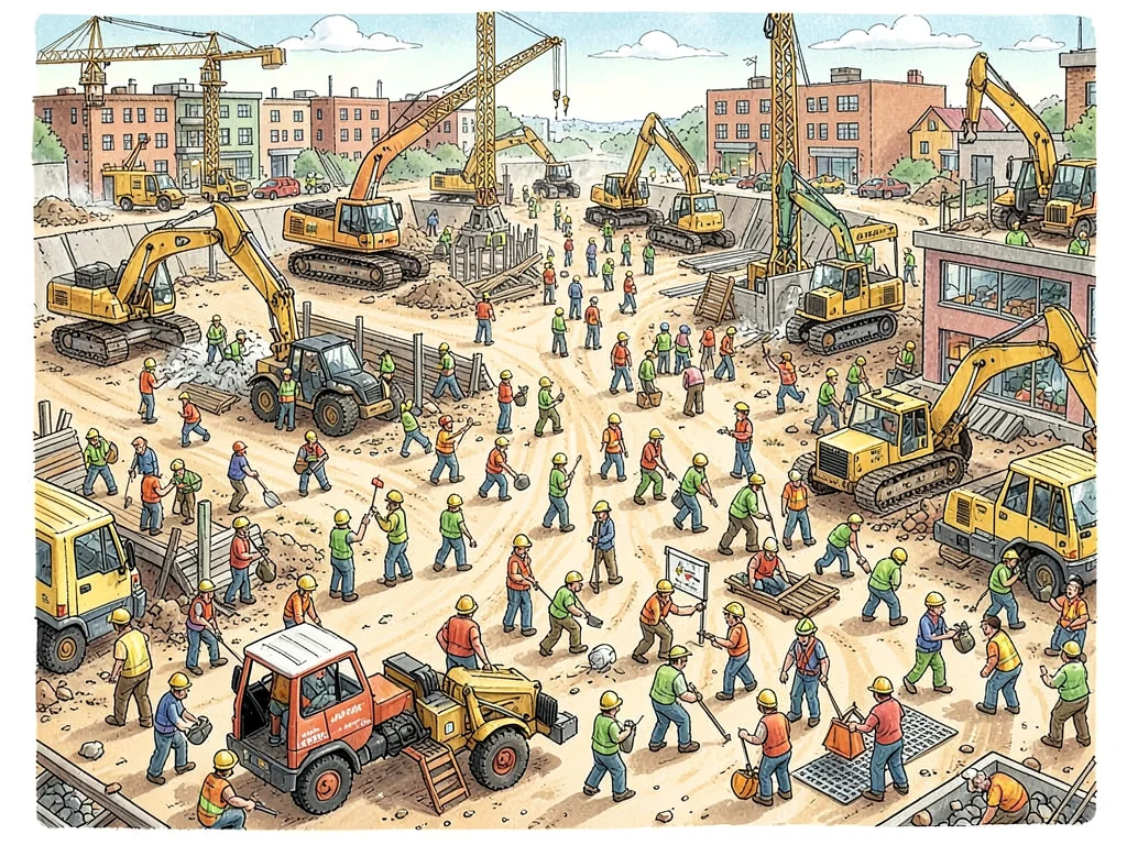 Busy construction site workers