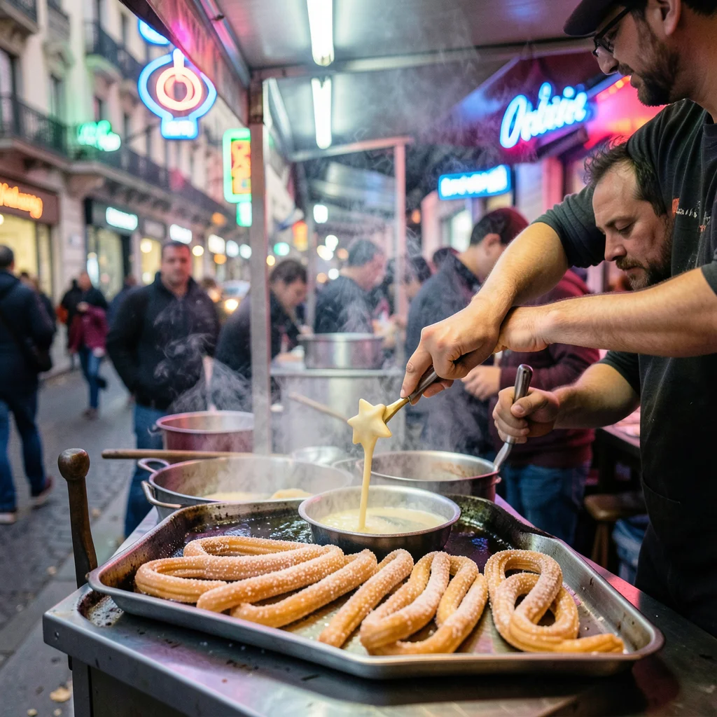 A churro stand in Madrid, fresh dough being piped through a star nozzle into hot