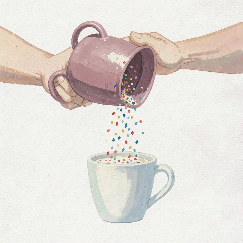 Tipping a pitcher in dusty rose, a stream of confetti dots pours into a waiting 
