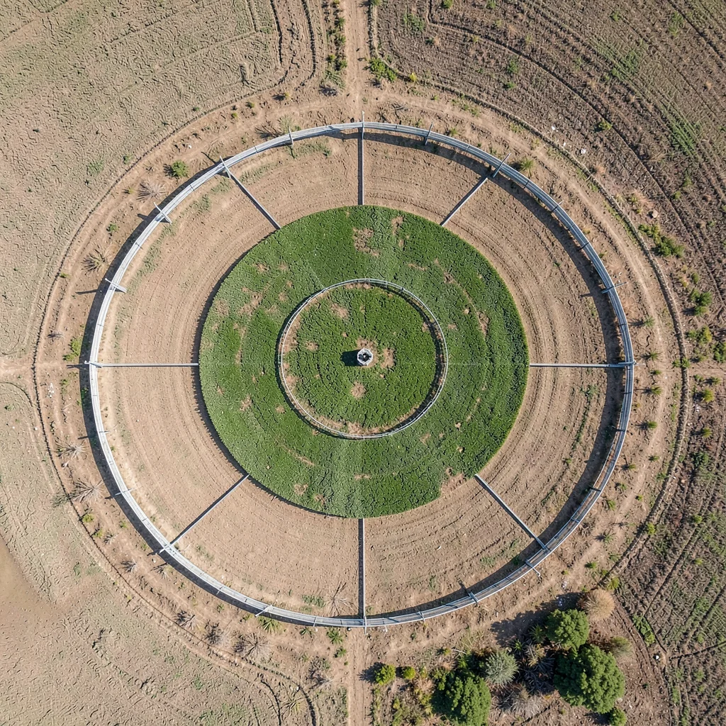 Agricultural pivot irrigation circle, green crop disk in brown field