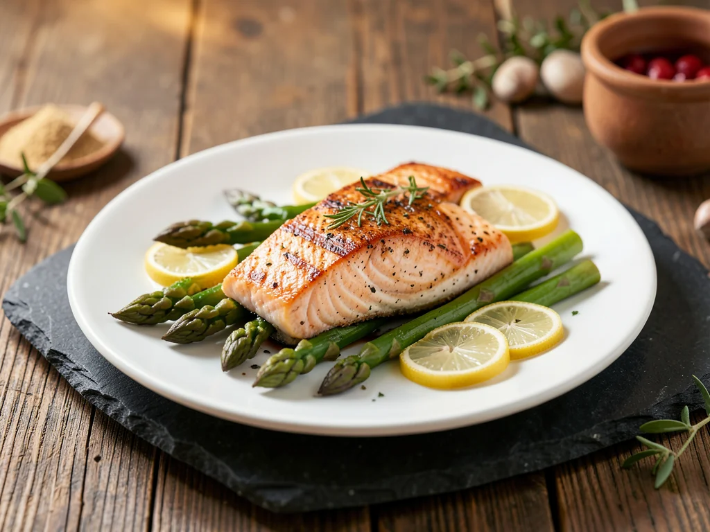 Grilled salmon fillet on a bed of asparagus and lemon slices, white plate on dar