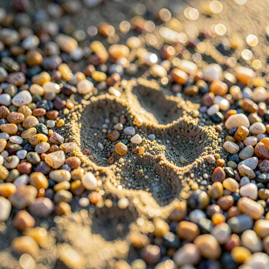 Mineral-cut close on pea-gravel surface with footprint dimples, raking light