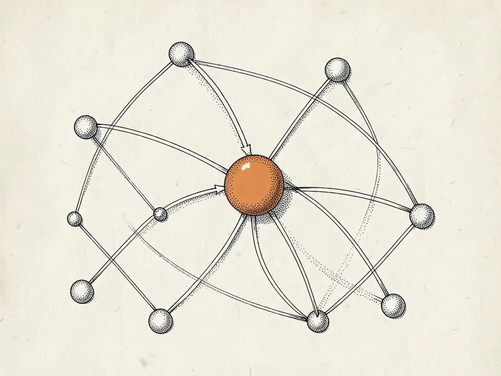 Flowing diagram of interconnected nodes and arcs drawn in fine pen strokes on cr