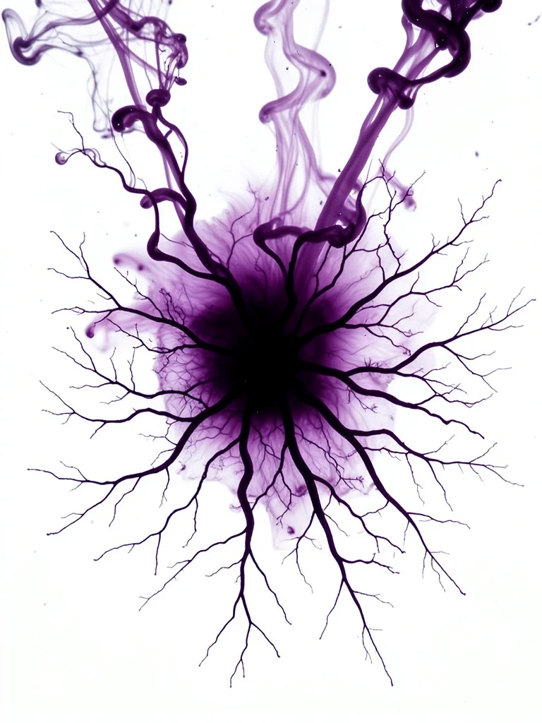 Dark purple ink spreading on wet paper, branching like bare tree limbs