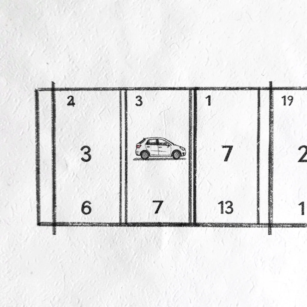 Hand-drawn lot diagram of numbered parking stalls with a tiny car at one slot