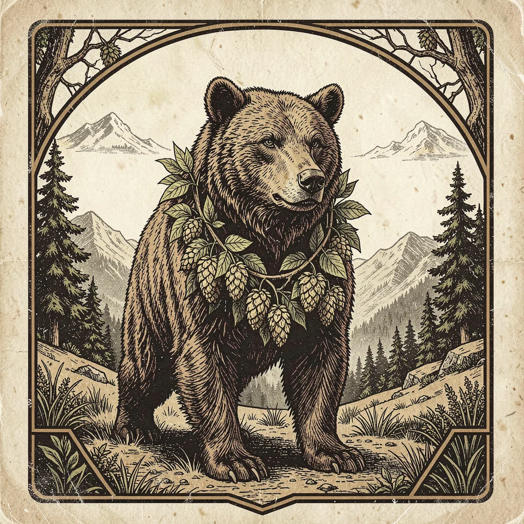 Craft beer label illustration, Grizzly bear standing with hops wreath around nec
