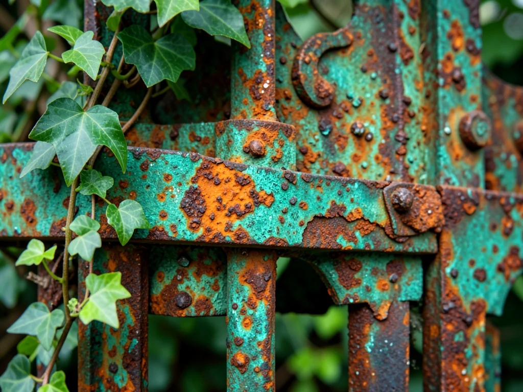 Old iron garden gate with rust blooms, spring ivy creeping through bars
