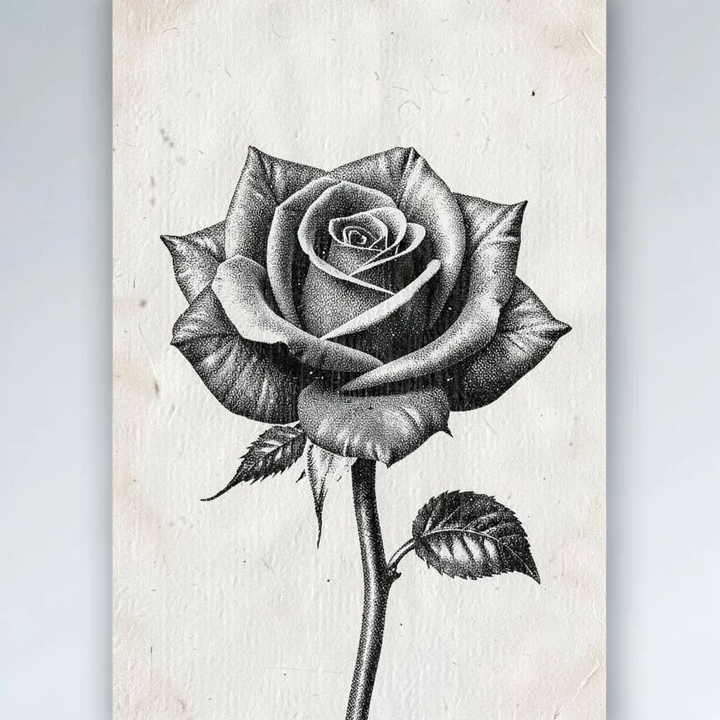Vertical riso poster of a stylized rose with halftone shading